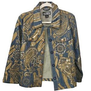 Vtg‎ Derek of Hollywood Women's L Embellished Denim Jacket Sequins Paisley #223